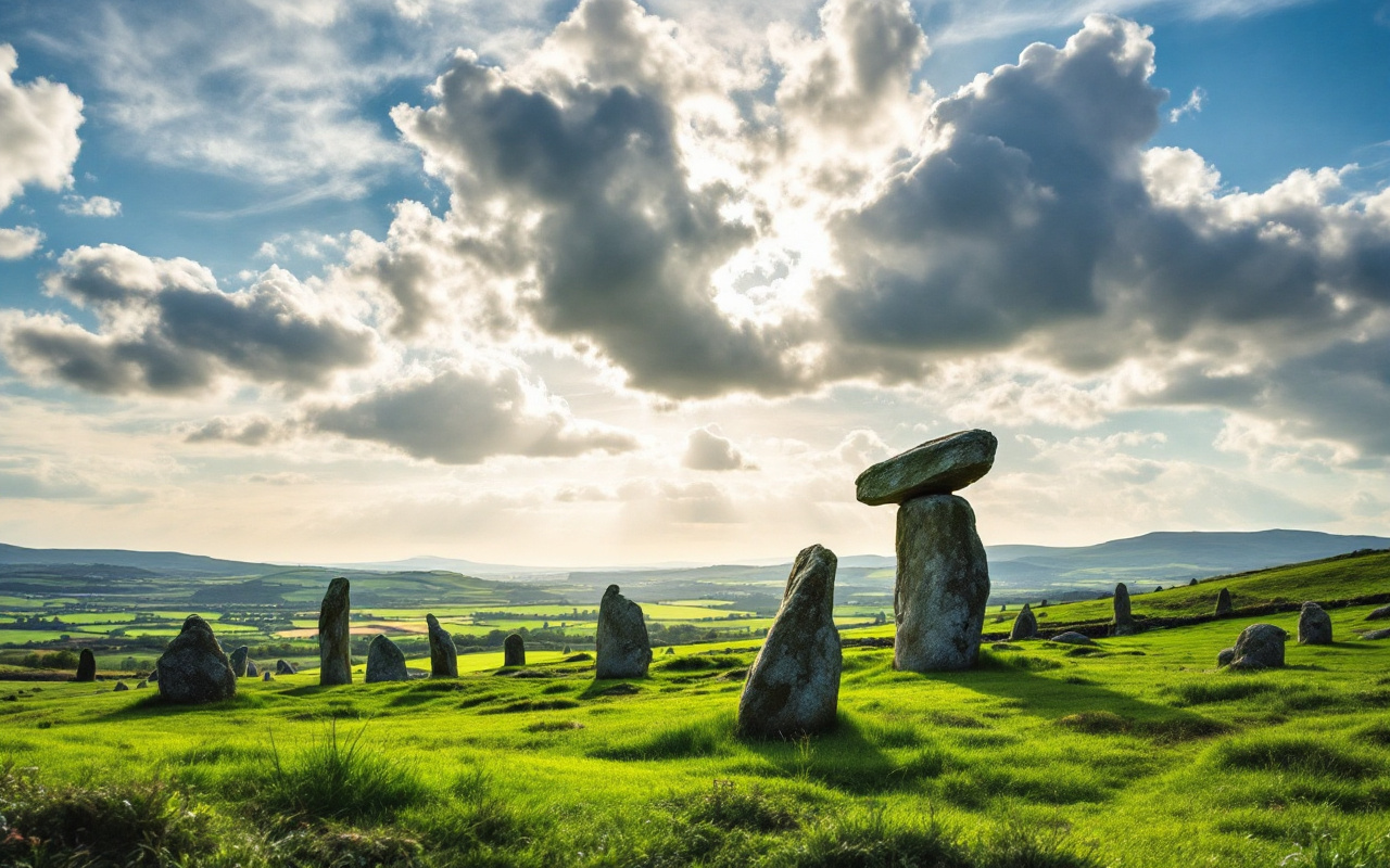 Un paysage breton ravissant avec des menhirs au milieu de champs verdoyants, sous un ciel nuageux et baigné par une lumière douce, créant une atmosphère paisible.