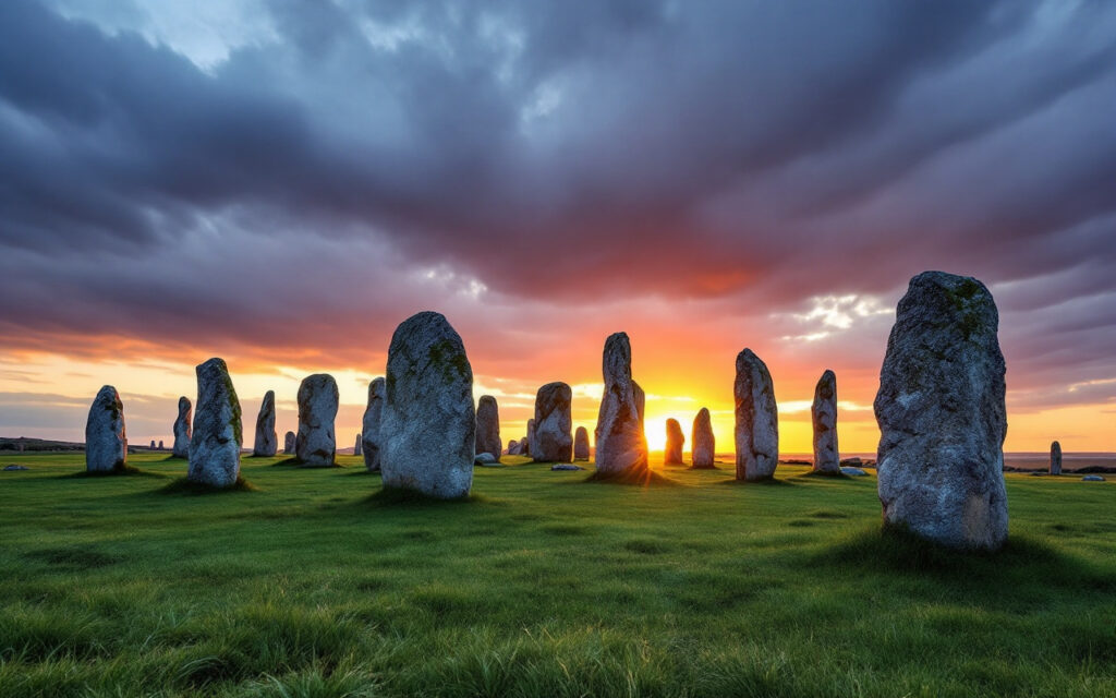 Une vue des mystérieuses pierres mégalithiques à Carnac, entourées d'herbe verte luxuriante, sous un ciel nuageux durant le coucher de soleil, avec un éclairage doux mettant en valeur les pierres.