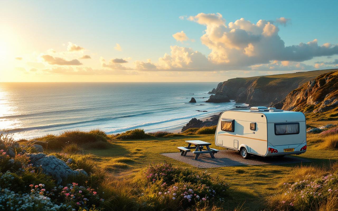 Emplacement de caravane en bord de mer sur la côte bretonne au coucher de soleil, herbe et fleurs sauvages autour d'une caravane blanche et bleu pastel, table de pique-nique, falaise granitique et vagues douces baignées d'une lumière dorée volumétrique.