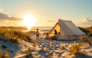 Tente familiale sur la plage du Morbihan au coucher du soleil, enfants jouant près des dunes et des herbes marines, mer calme à l'arrière-plan, lumière dorée volumétrique, ambiance chaleureuse et naturelle.
