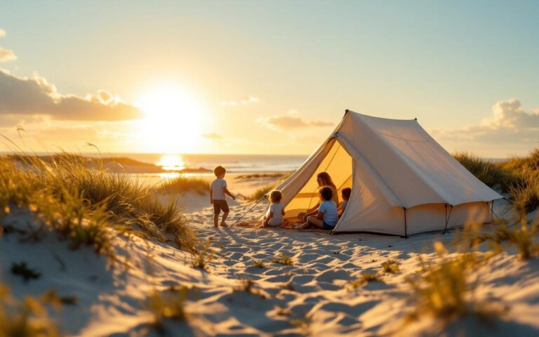 Tente familiale sur la plage du Morbihan au coucher du soleil, enfants jouant près des dunes et des herbes marines, mer calme à l'arrière-plan, lumière dorée volumétrique, ambiance chaleureuse et naturelle.