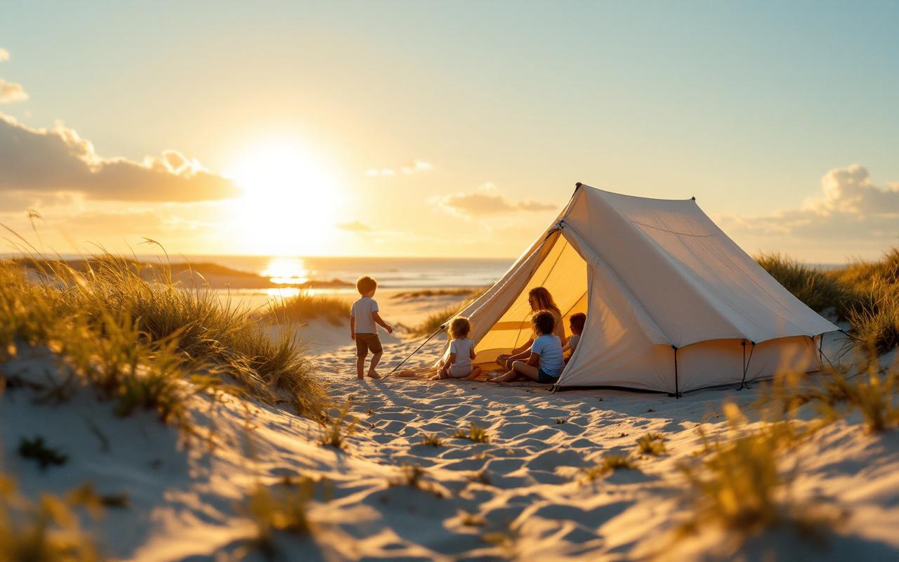 Tente familiale sur la plage du Morbihan au coucher du soleil, enfants jouant près des dunes et des herbes marines, mer calme à l'arrière-plan, lumière dorée volumétrique, ambiance chaleureuse et naturelle.