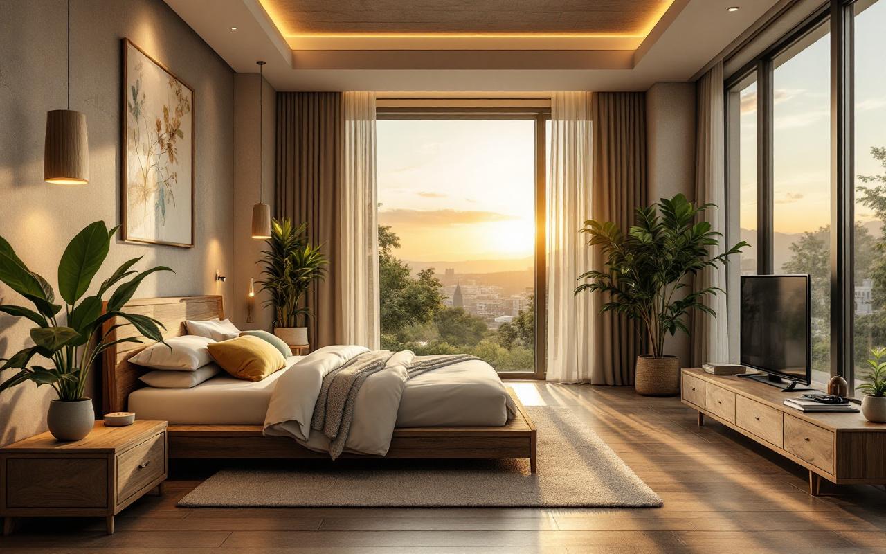 Photo réaliste d'une chambre d'hôtel de luxe avec équipements écologiques : grandes baies vitrées laissant entrer une lumière volumétrique au coucher, meubles en bois récupéré, linge bio, plantes d'intérieur et luminaires basse consommation dans des tons neutres chauds et verts doux.
