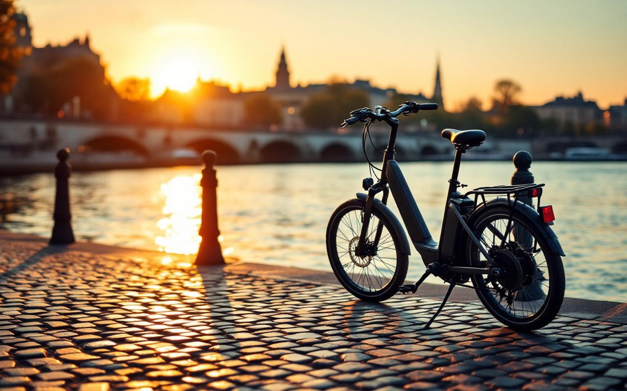 Vélo électrique posé au bord de la Seine au coucher du soleil, lumière dorée volumétrique, reflets doux sur l'eau, quais pavés, bâtiments et pont parisiens en arrière-plan, ambiance calme et réaliste.