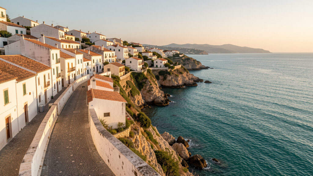 Route côtière en Puglia : villages blancs perché sur des collines, mer Adriatique turquoise et lumière dorée de l’heure dorée.