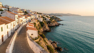 Route côtière en Puglia : villages blancs perché sur des collines, mer Adriatique turquoise et lumière dorée de l’heure dorée.