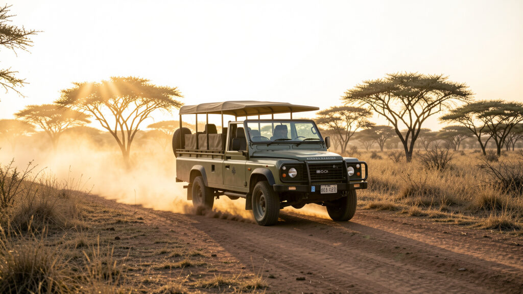 Véhicule de safari sur une piste poussiéreuse au lever du soleil, dans une réserve sauvage d’Afrique du Sud, avec des arbres clairsemés et une lumière dorée.