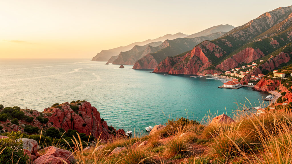 Vue panoramique de Porto en Corse : mer turquoise, falaises rouges, village et montagnes baignés par la lumière du coucher du soleil.