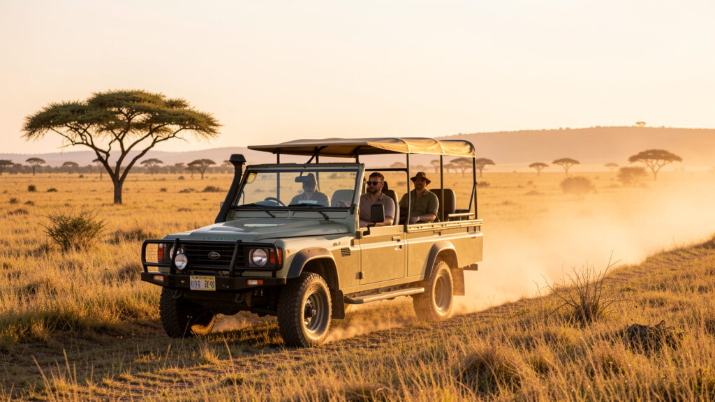 Vue de safari en Afrique du Sud : un jeep traverse la savane dorée au lever du soleil, avec des voyageurs assis et des acacias au loin.