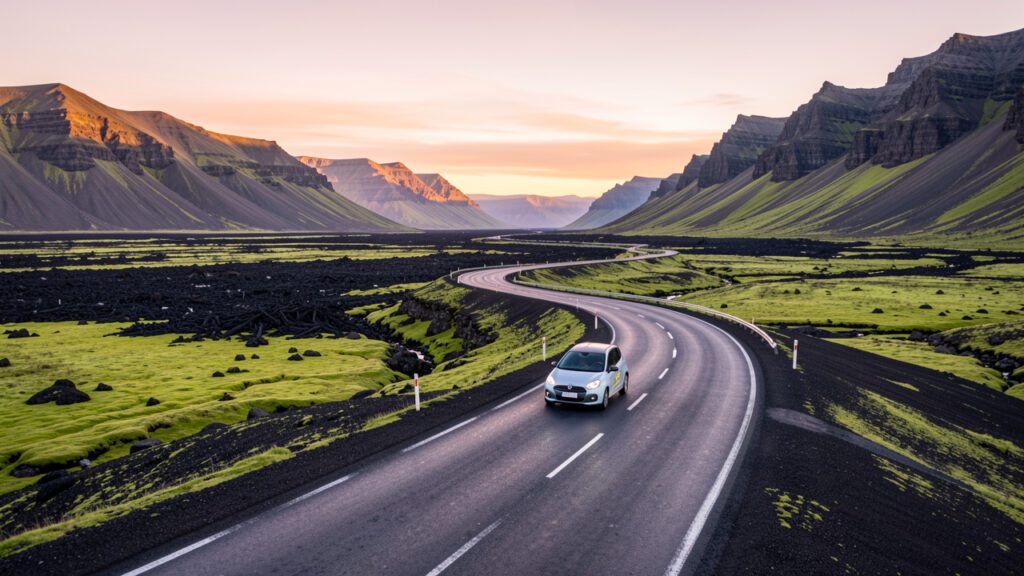 Voiture de location roulant au lever du jour sur une route islandaise entre des montagnes volcaniques et une végétation de mousse verte.