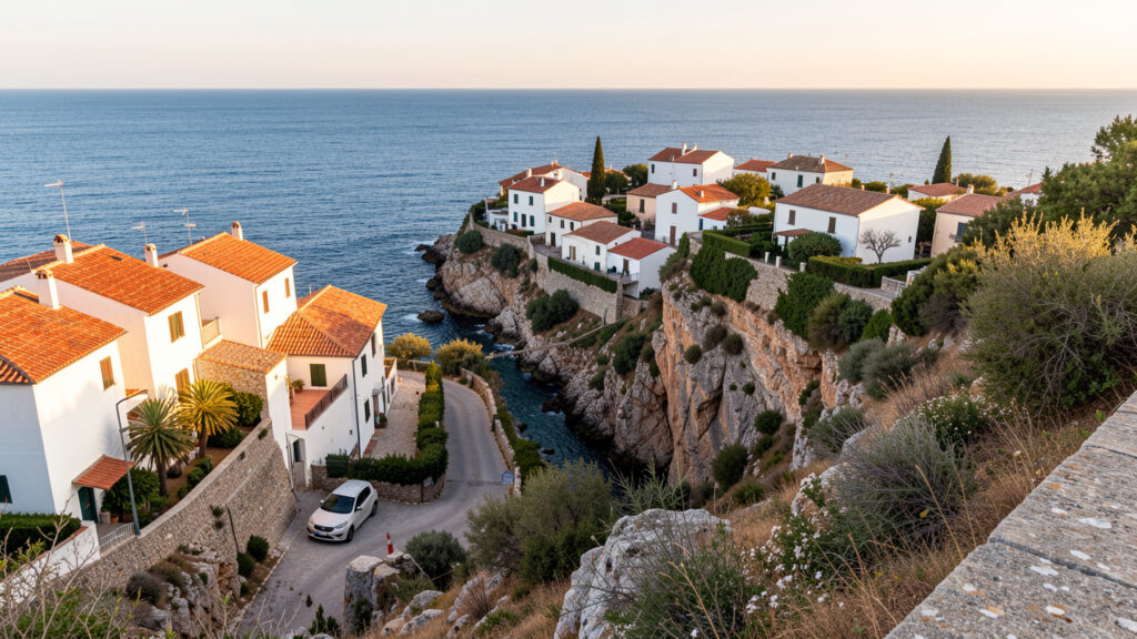Route côtière ensoleillée dans les Pouilles avec la mer Adriatique, villages blancs au-dessus d’une falaise et une voiture garée près d’un belvédère.