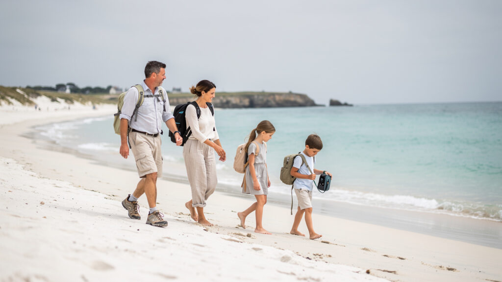 Un homme, une femme, une jeune fille et un jeune garçon marchent ensemble sur une plage de sable blanc à Houat, avec de légers sacs et la mer turquoise sous une douce lumière bretonne.