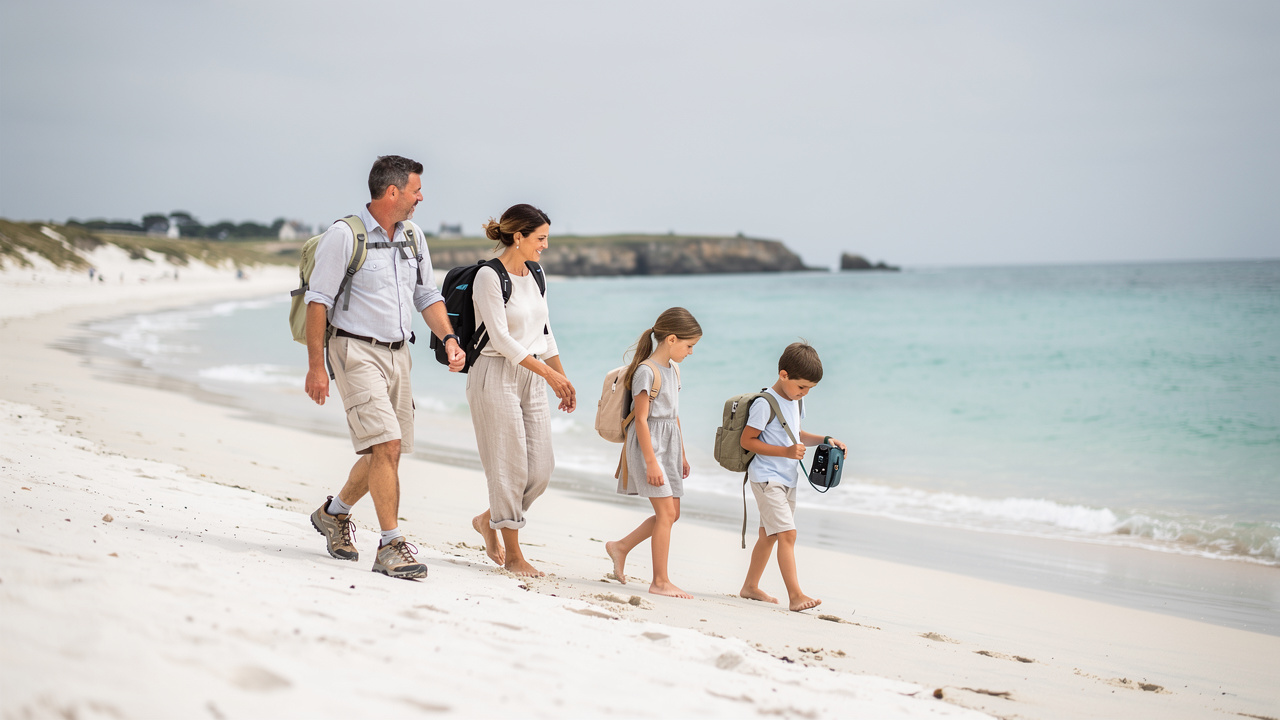Un homme, une femme, une jeune fille et un jeune garçon marchent ensemble sur une plage de sable blanc à Houat, avec de légers sacs et la mer turquoise sous une douce lumière bretonne.