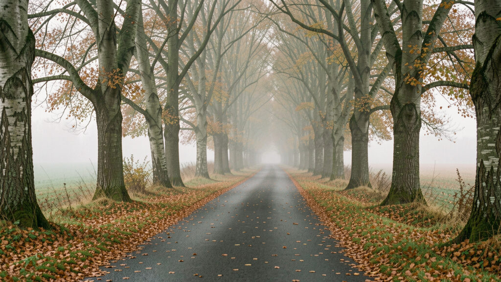 Petite route sinueuse bordée d’arbres aux couleurs automnales dans le Morvan, enveloppée d’une légère brume sous une lumière douce.