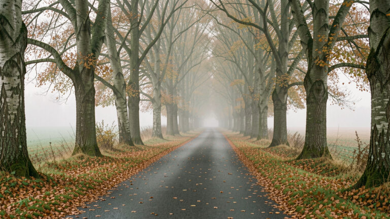 Petite route sinueuse bordée d’arbres aux couleurs automnales dans le Morvan, enveloppée d’une légère brume sous une lumière douce.