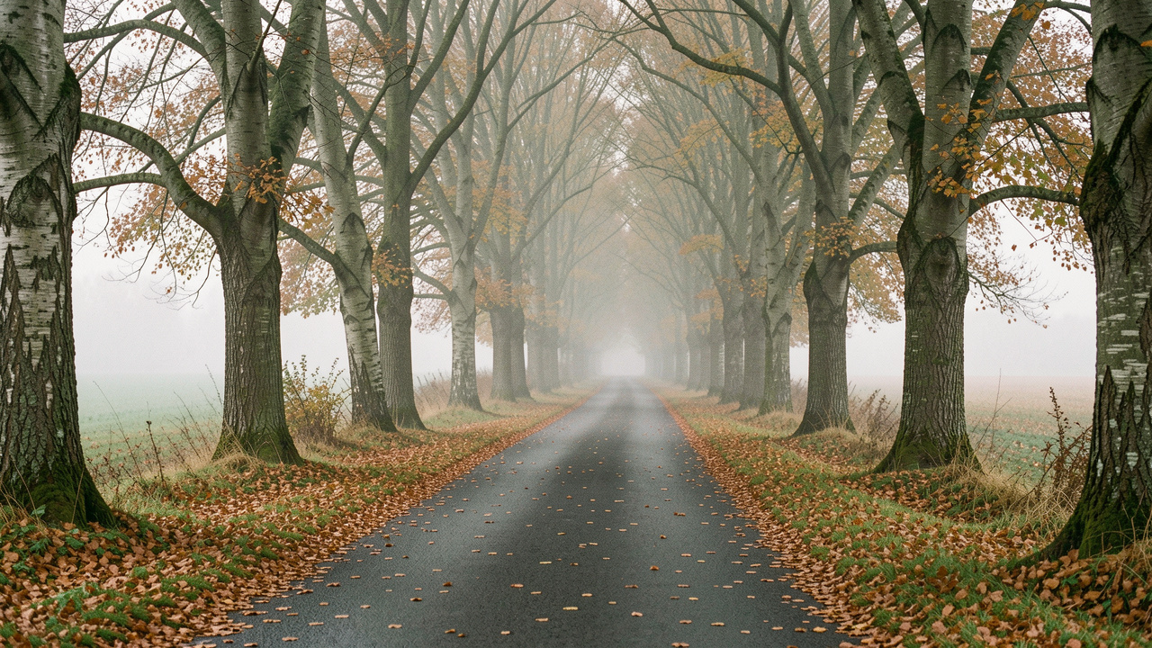 Petite route sinueuse bordée d’arbres aux couleurs automnales dans le Morvan, enveloppée d’une légère brume sous une lumière douce.