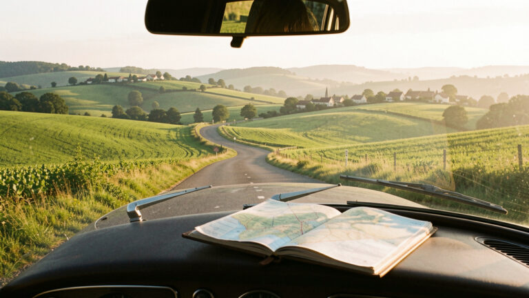 Voiture de voyage sur une route panoramique traversant des collines françaises, avec une carte ouverte éclairée par la lumière douce du matin.