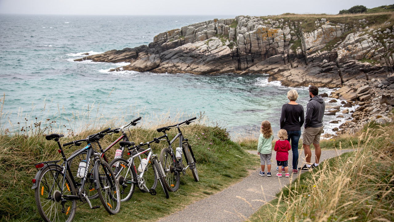 Des vélos sont posés près d’un chemin côtier tandis qu’une femme, un homme et deux enfants observent une crique calme dans un paysage marin breton authentique.