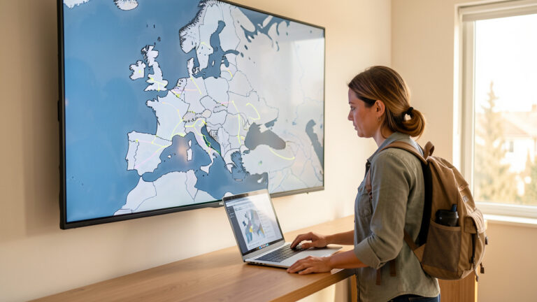 Une voyageuse prépare un itinéraire européen devant une grande carte numérique et un ordinateur portable dans un espace de travail lumineux.