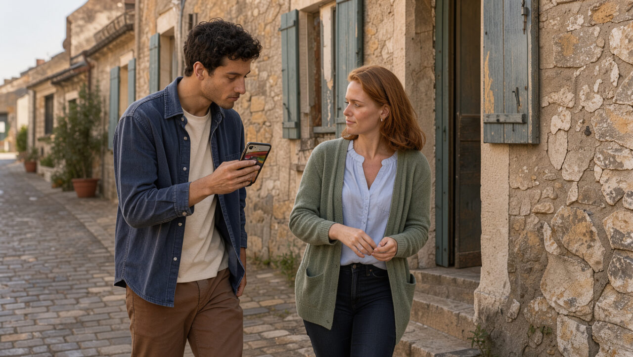Un homme et une femme comparent une scène cinématographique abstraite sur un téléphone avec la façade ancienne d’un bâtiment dans une petite ville française, sous une douce lumière de fin d’après-midi.