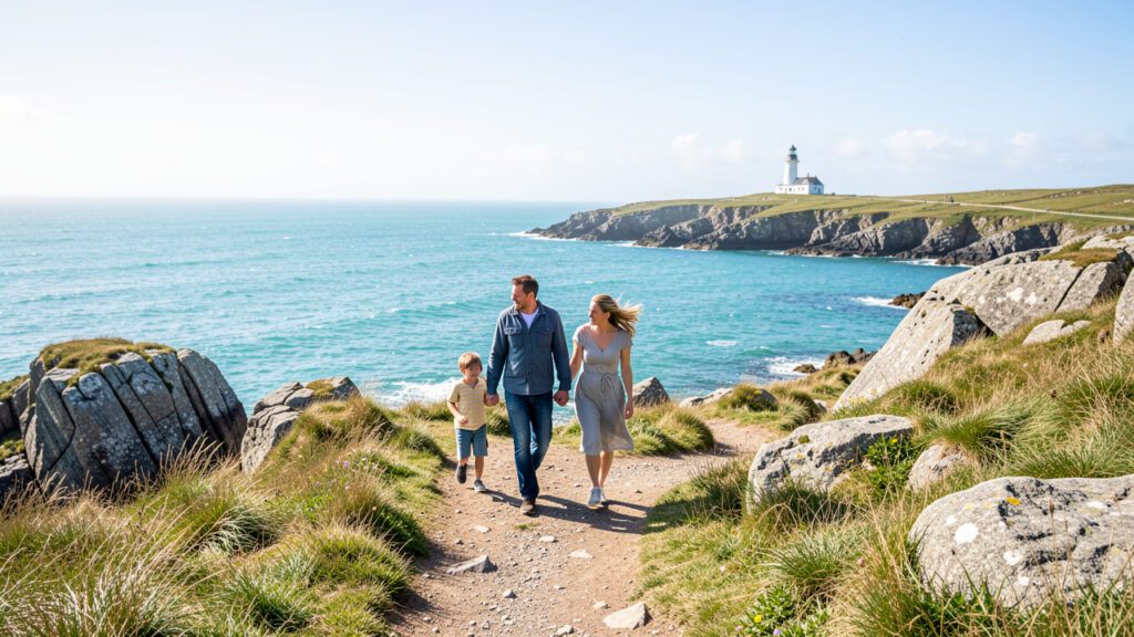 Une famille composée d’un homme, d’une femme et de deux enfants marche sur un sentier côtier breton, face à une mer turquoise, avec un phare au loin sous un ciel lumineux.
