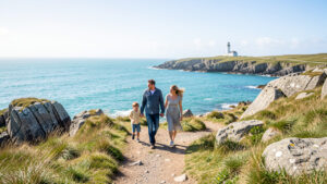 Une famille composée d’un homme, d’une femme et de deux enfants marche sur un sentier côtier breton, face à une mer turquoise, avec un phare au loin sous un ciel lumineux.