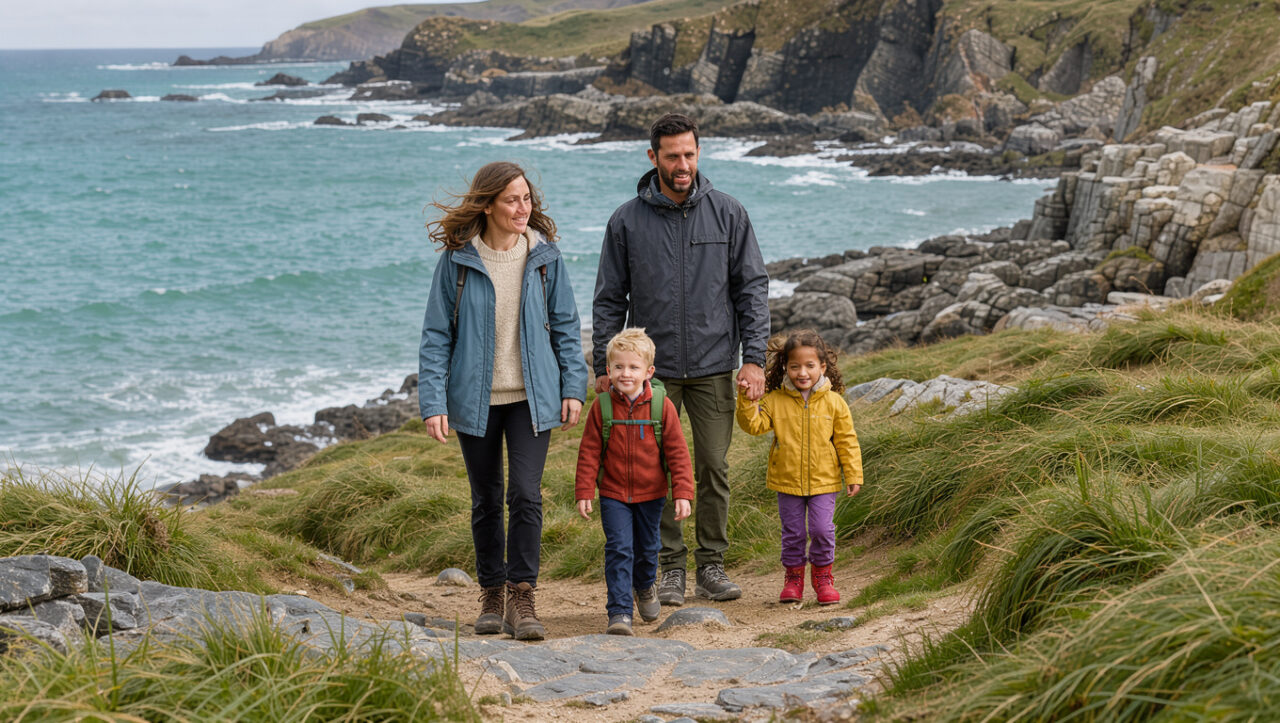 Une mère, un père, un jeune garçon et une jeune fille marchent ensemble sur un sentier côtier breton bordé de végétation, face à une mer turquoise baignée d’une lumière douce.