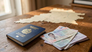 Documents de voyage vierges, photo d’identité et formulaire de visa disposés sur une table en bois, avec une carte non légendée du Turkménistan en arrière-plan.
