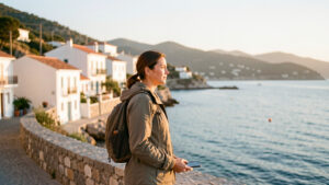 Une voyageuse observe un village côtier au lever du soleil, un téléphone à la main, dans une lumière douce et une ambiance réaliste.