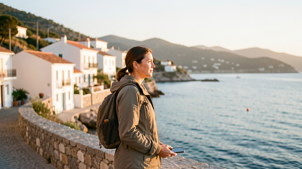 Une voyageuse observe un village côtier au lever du soleil, un téléphone à la main, dans une lumière douce et une ambiance réaliste.